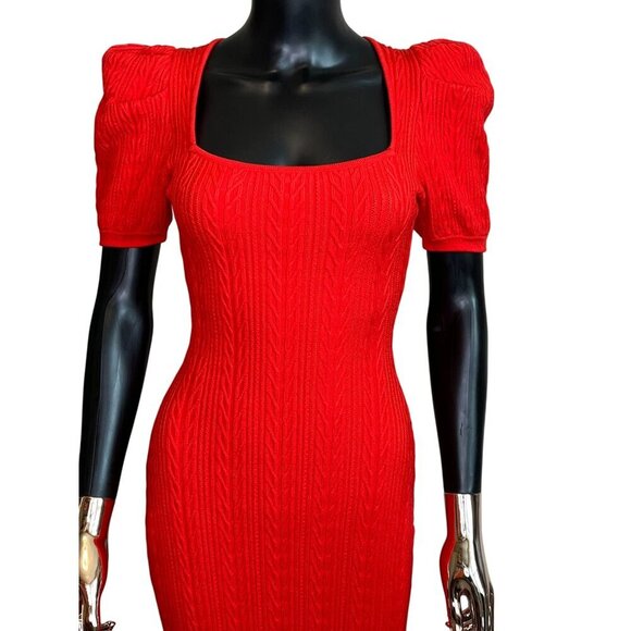 Ronny Kobo Red Knit Midi Dress Puff Sleeve Square Neck Stretch Bodycon Designer - Picture 6 of 11